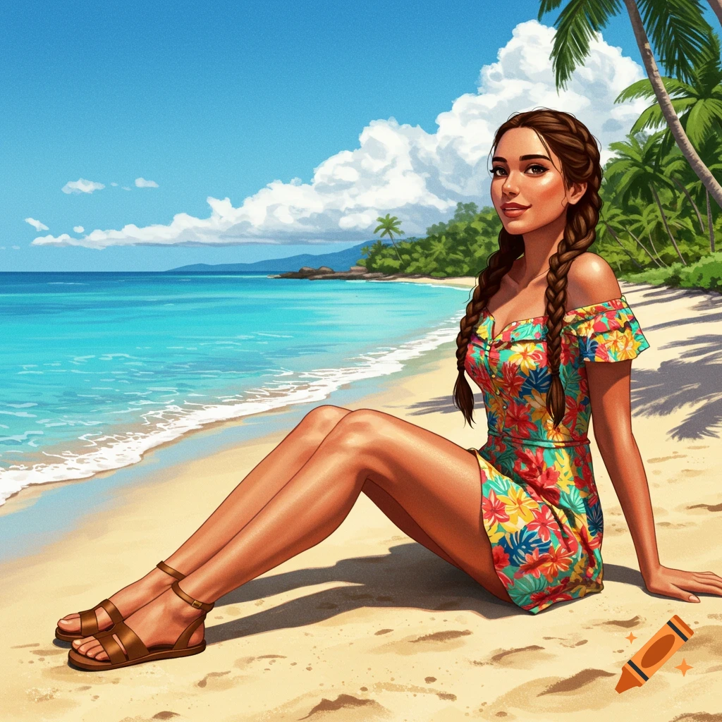 A woman with braided hair in a colorful dress sits on a tropical beach.