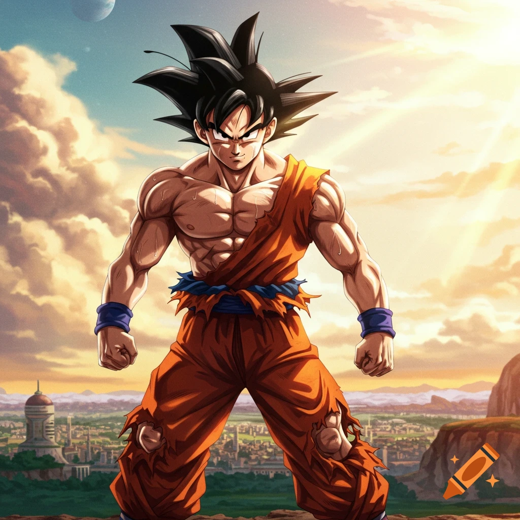 Goku stands on a hill overlooking a city under a cloudy sky, in an anime style.
