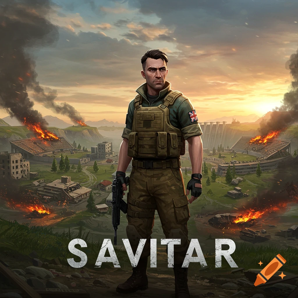 A soldier stands in a destroyed warzone with the text SAVITAR