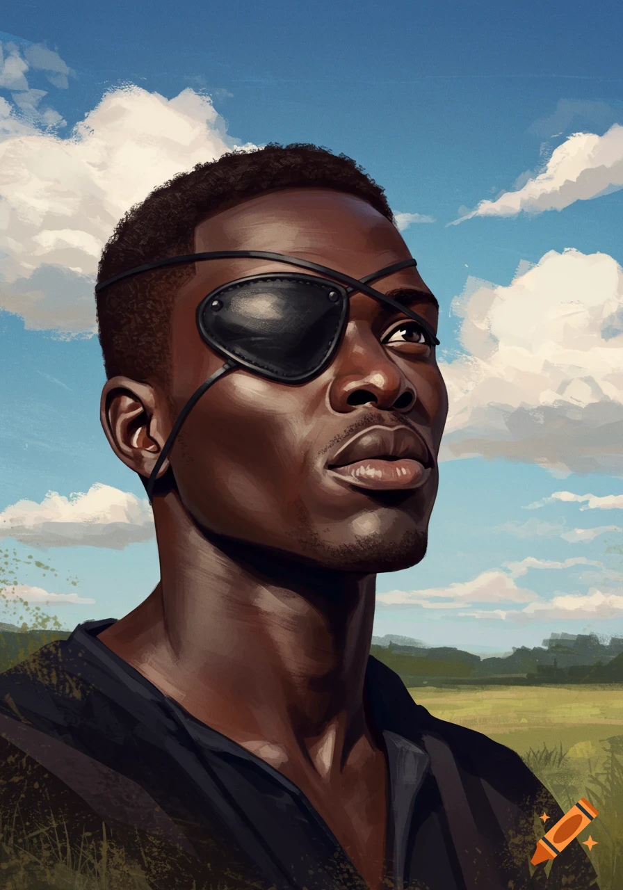 A Black man wearing an eye patch is looking up at a cloudy sky.