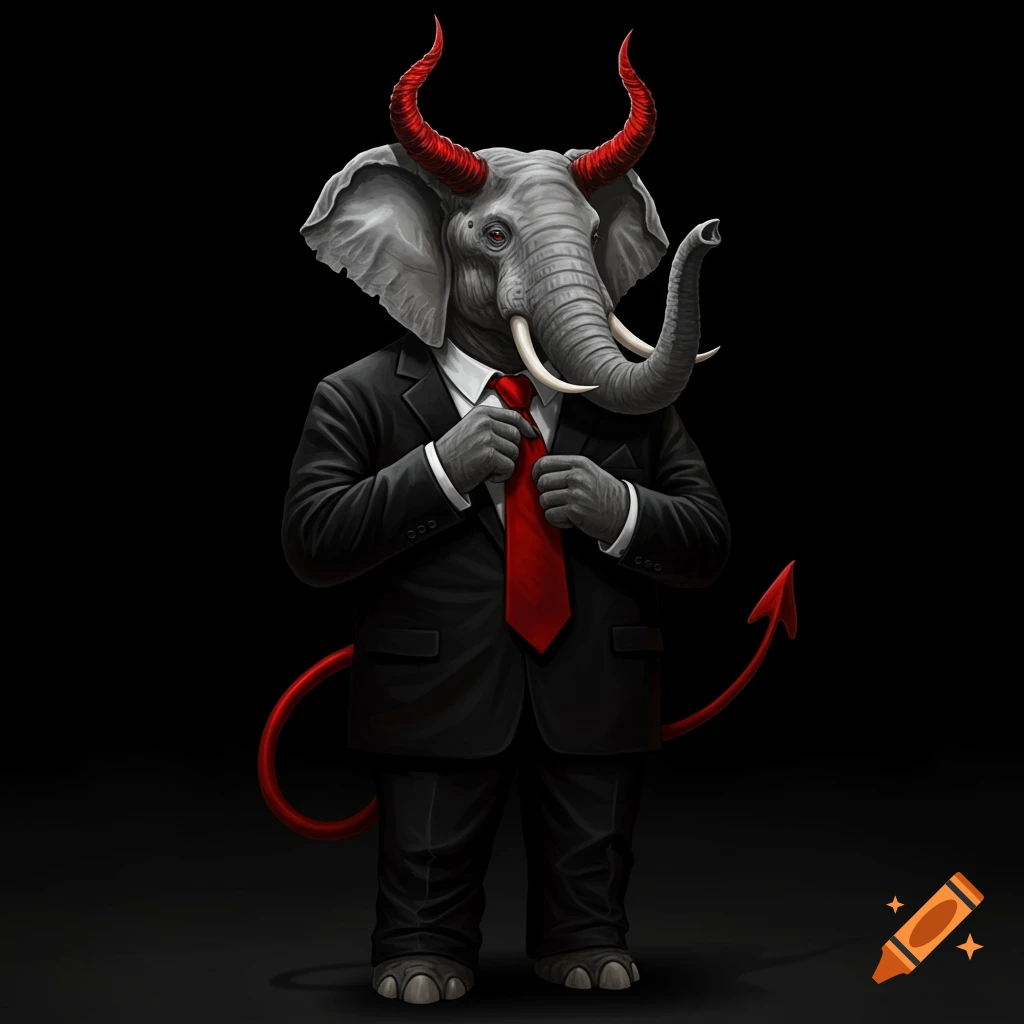 An elephant is dressed as the devil in a black suit and red tie, adjusting its tie. It has red horns and a tail.