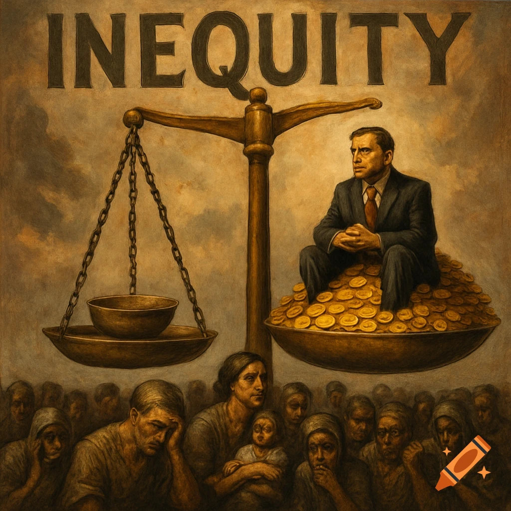 A man sits on a scale filled with coins, balanced against an empty scale. Below, a crowd of distressed people look up. The text 'INEQUITY' is displayed.