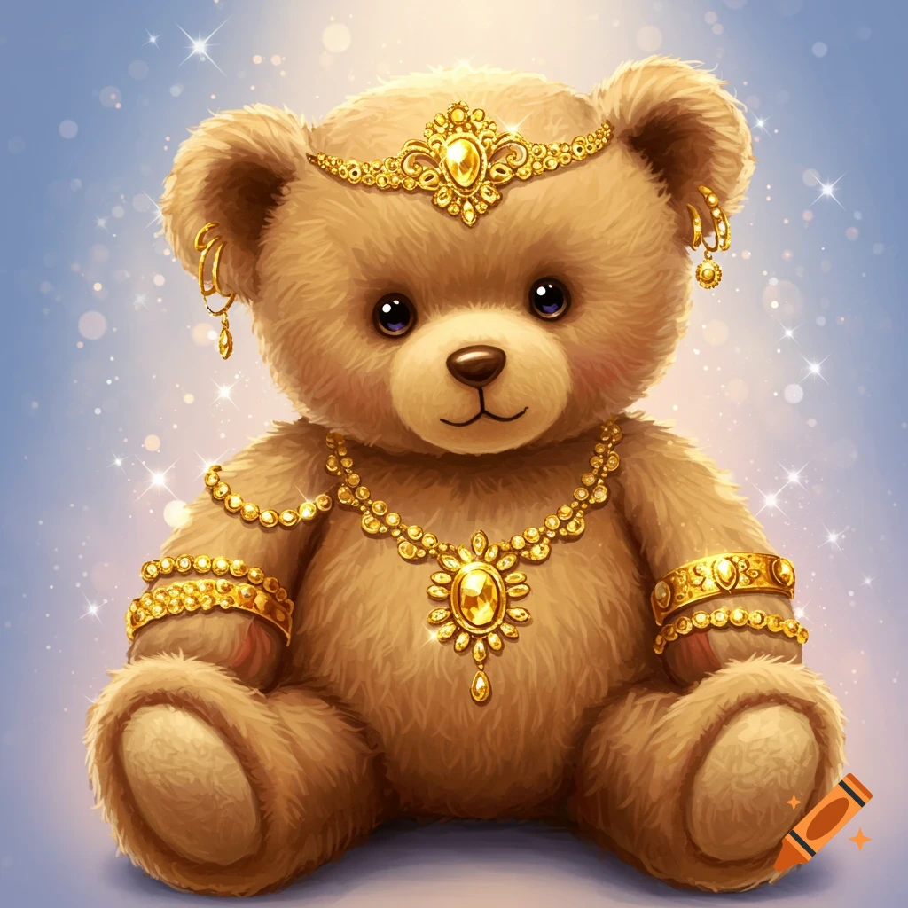 A whimsical teddy bear wearing ornate gold jewelry against a sparkling blue background. Soft fur, sparkling jewels.