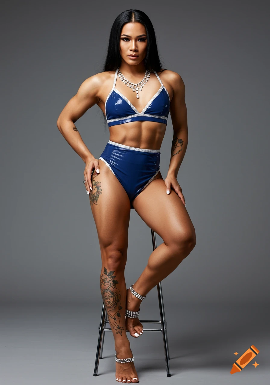 Muscular woman in blue two-piece posing on stool in studio, photorealistic.
