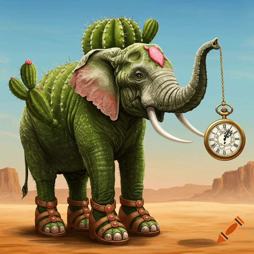 A green elephant with a cactus body wearing sandals holds a pocket watch in its trunk in a desert.