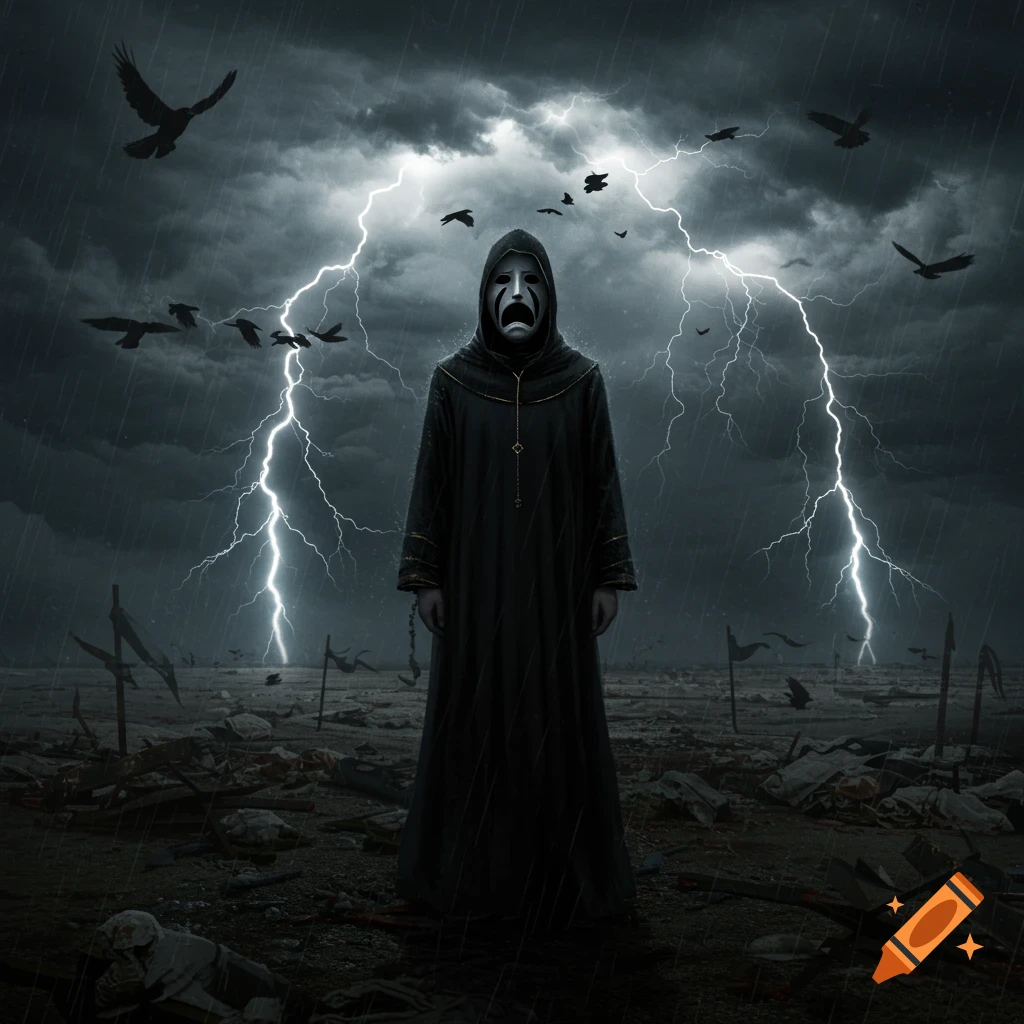 Figure in black robe and tragedy mask on dark battlefield with rain, lightning, and crows.