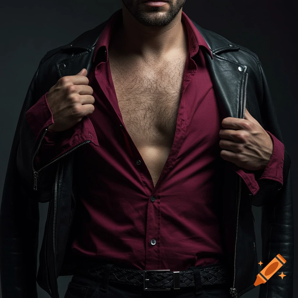 Close-up of a man in a black leather jacket over an open red shirt, showing chest hair, dramatic lighting.