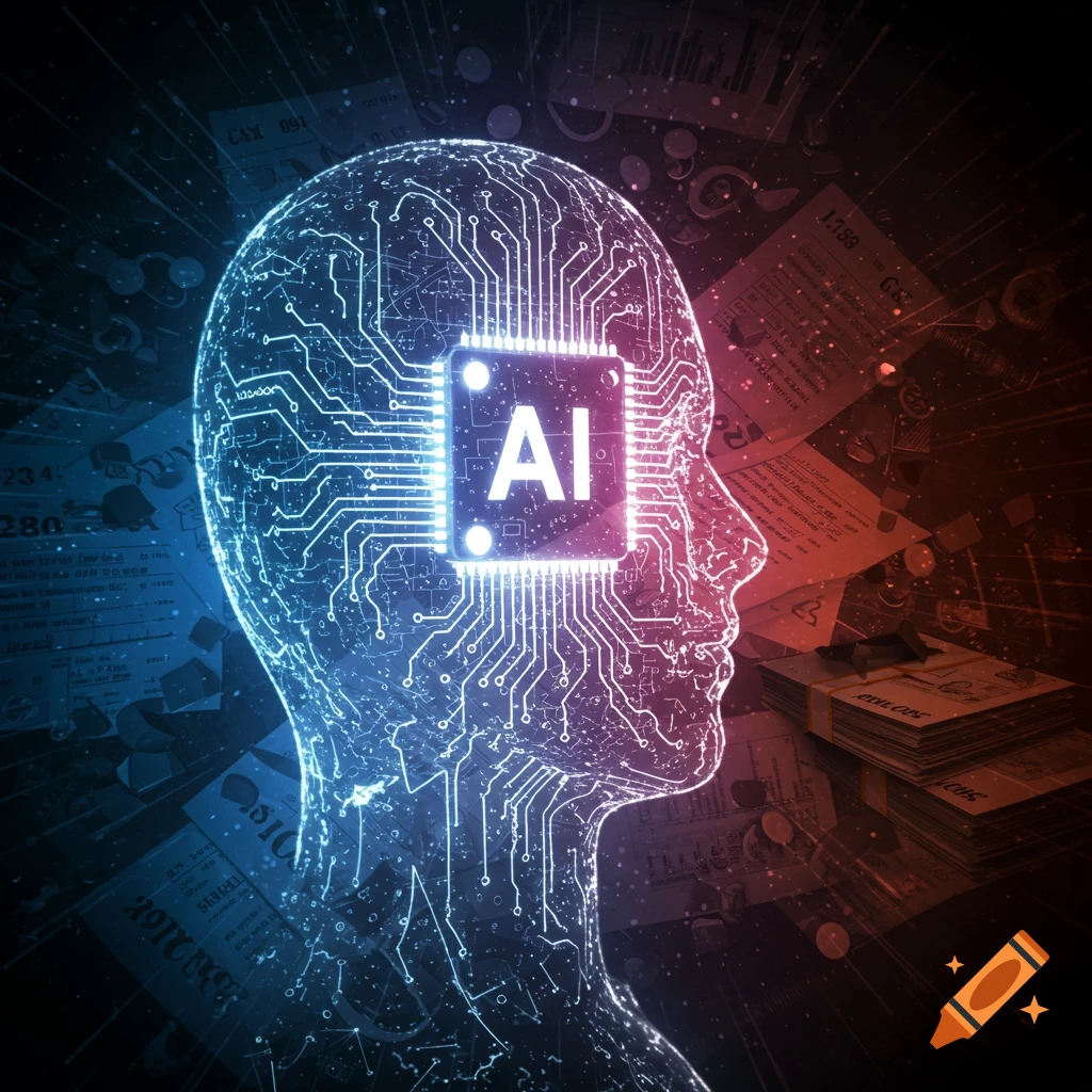 a circuitry head with an AI chip, surrounded by documents and numbers, split blue and red