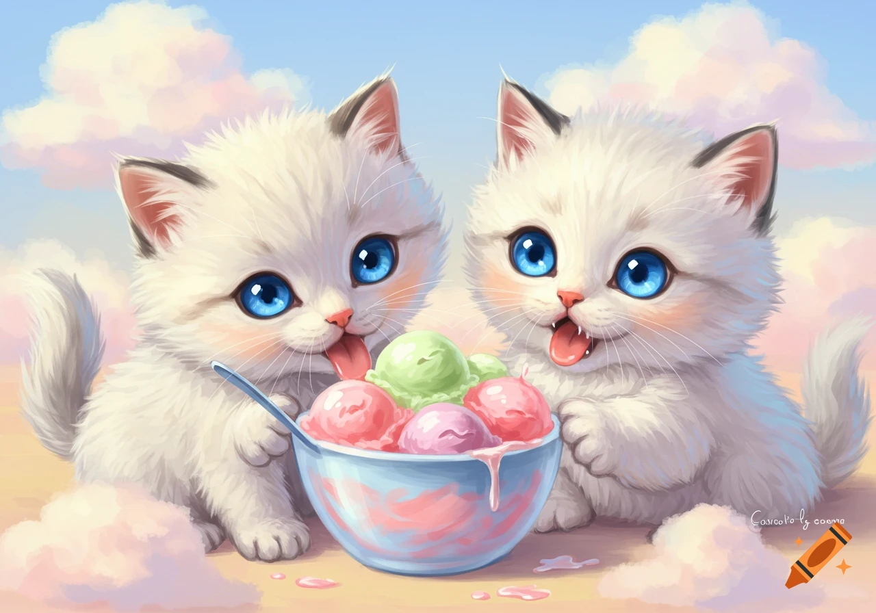 Two cute white kittens with blue eyes look at a bowl of melting ice cream.