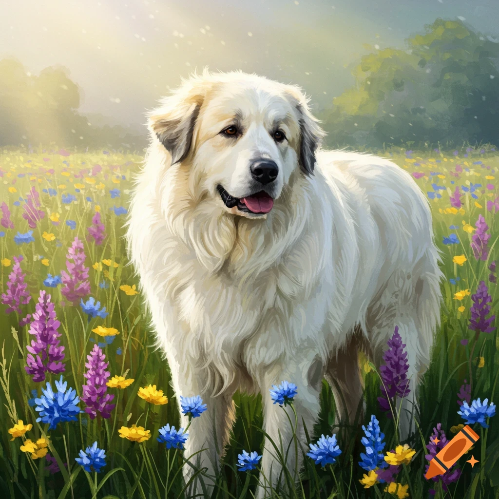 A large white dog stands in a field of colorful purple, blue, and yellow flowers.