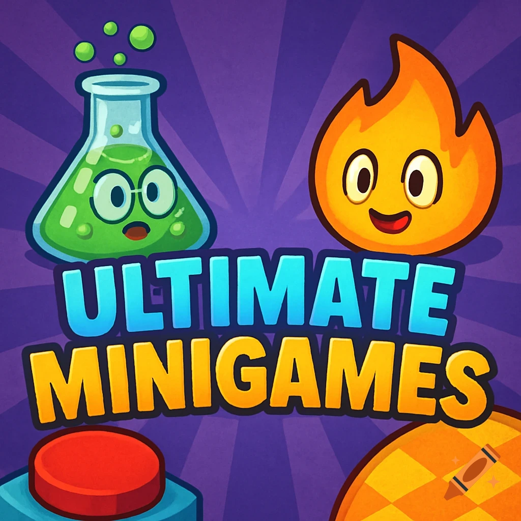 Cartoon flask and fire characters above 'ULTIMATE MINIGAMES' text with button and sphere.