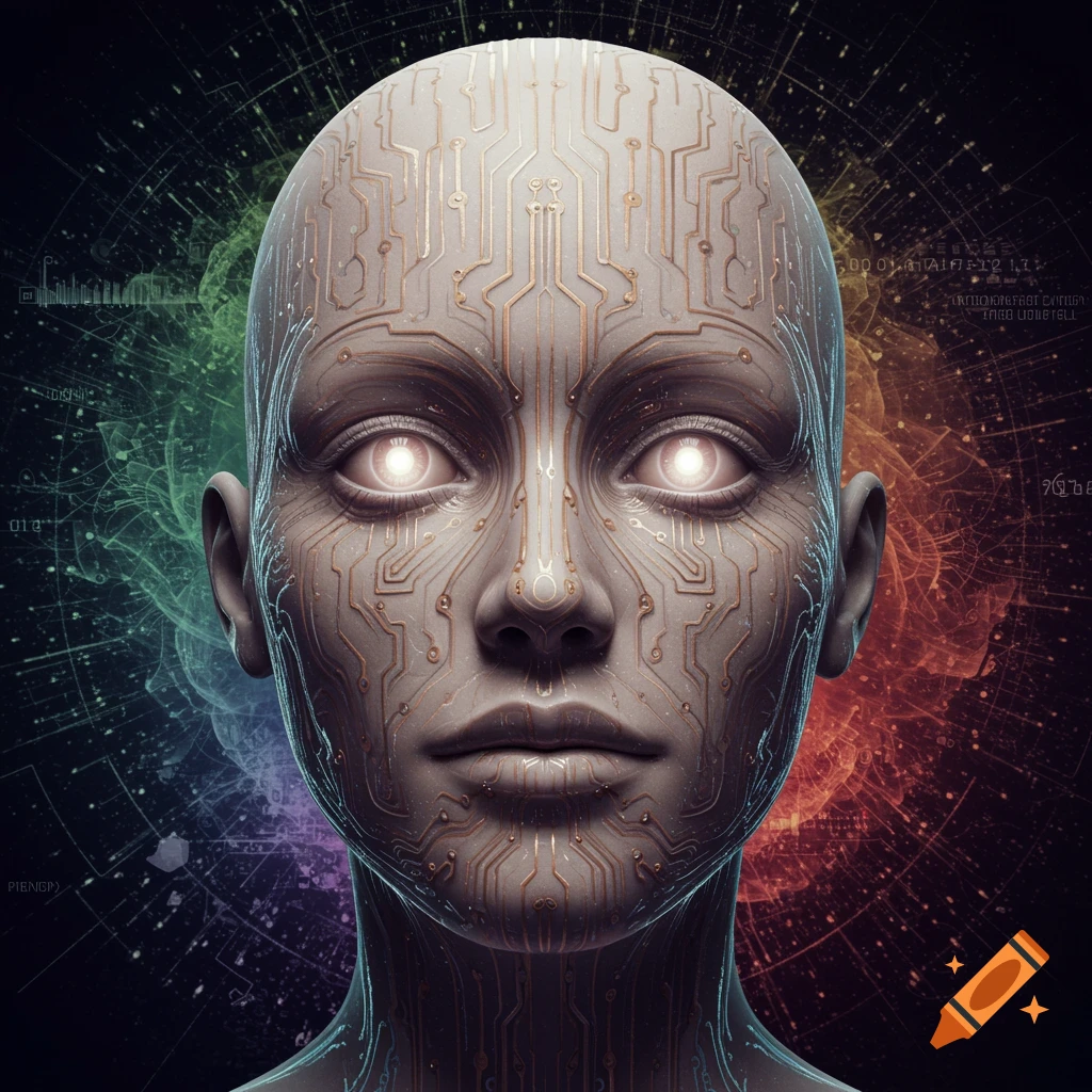 Close-up of a humanoid AI face with circuits on skin, glowing eyes, and a swirling data background.
