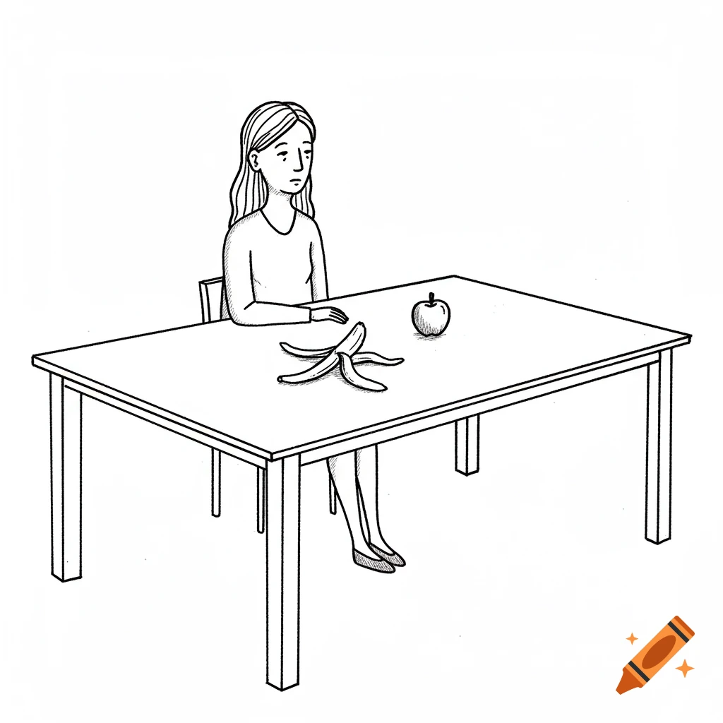 Black and white sketch of a woman sitting at a table with a banana peel and an apple.