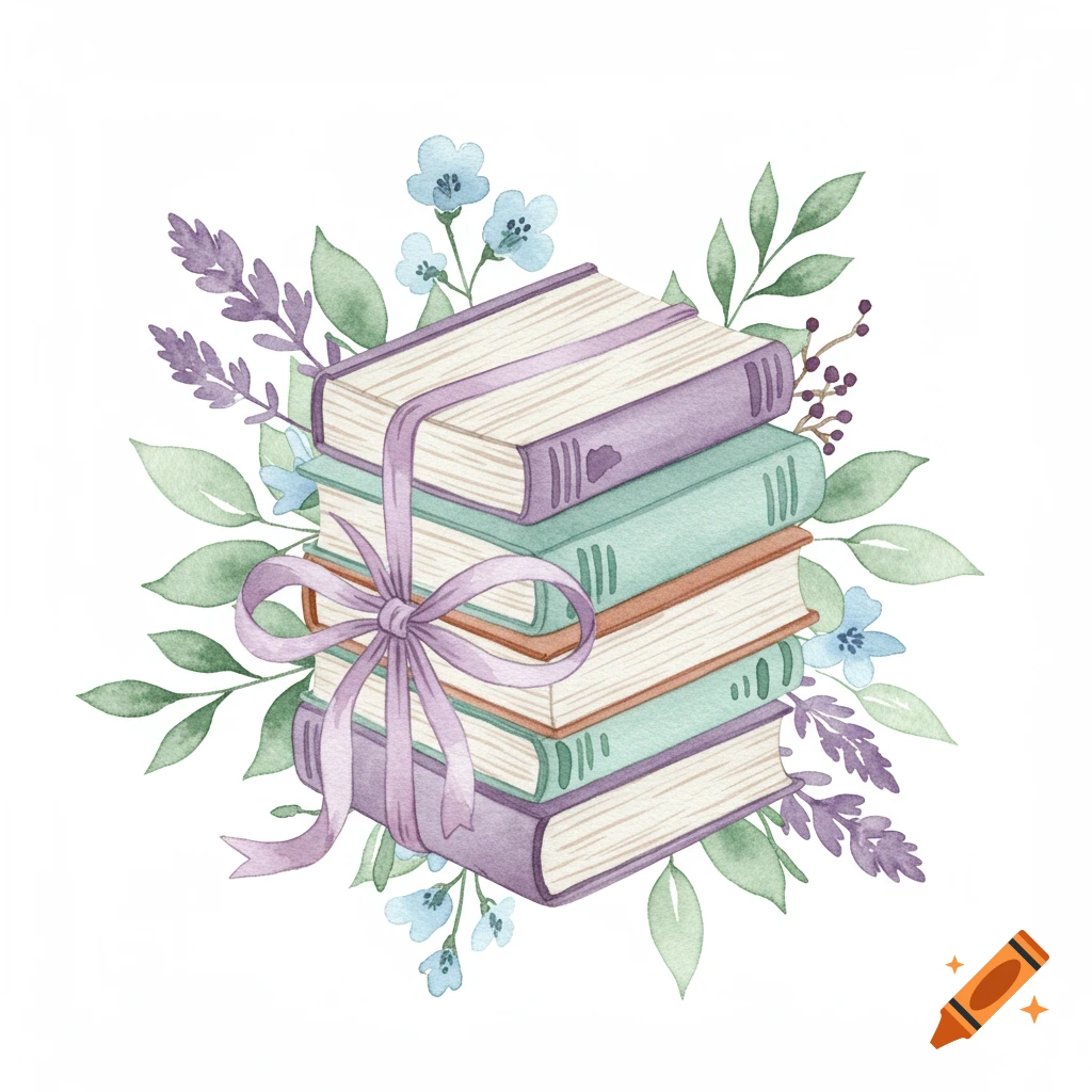 Watercolor illustration of stacked books tied with a ribbon, surrounded by pastel flowers and leaves.