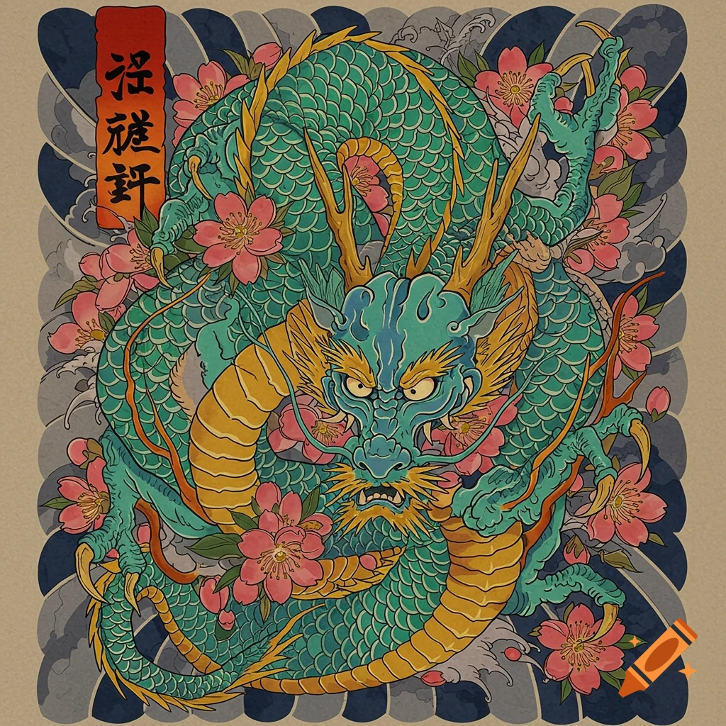 A Japanese-style illustration of a green dragon with cherry blossoms and waves.