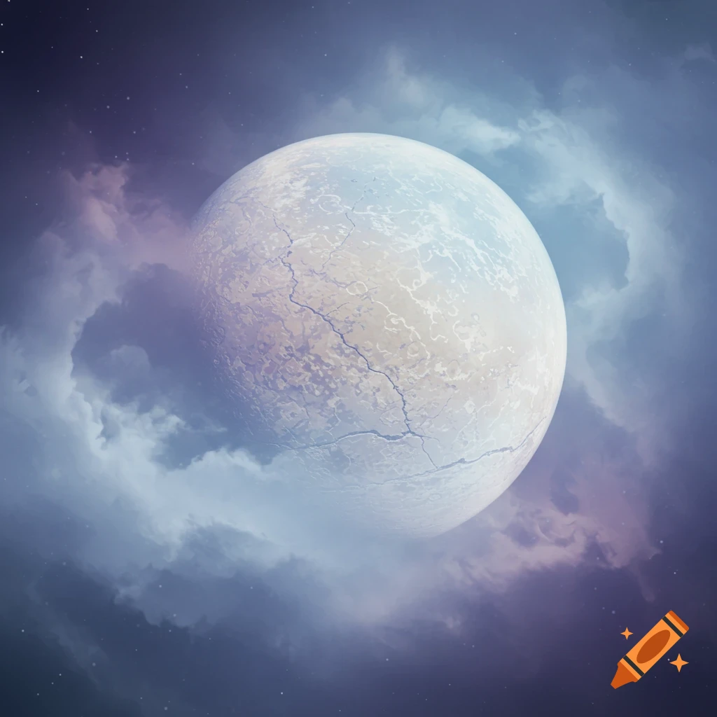 A large pale moon with a cracked icy crust surrounded by wispy blue and purple clouds and stars in space.