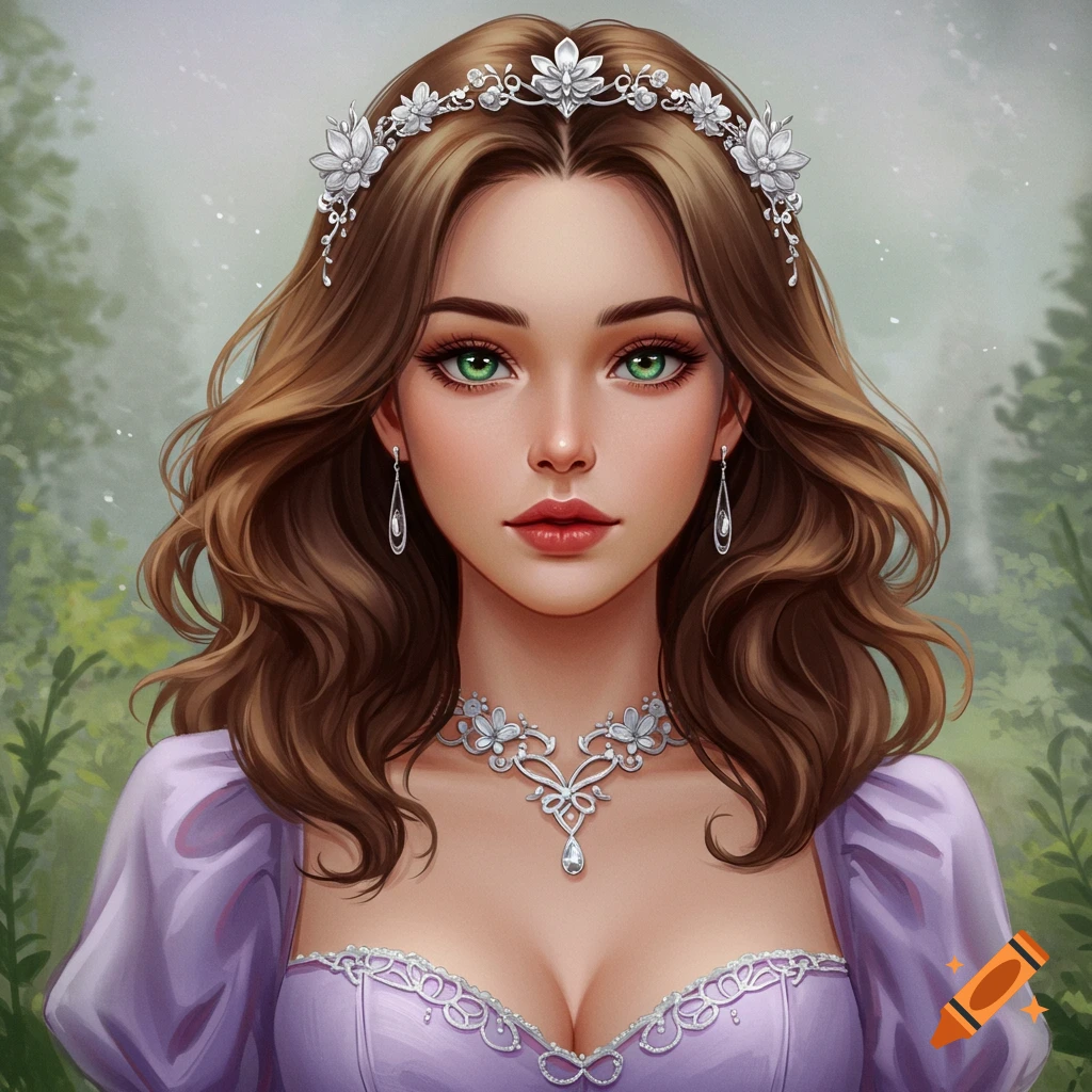 A fantasy princess with brown hair, green eyes, purple dress, and silver jewelry.