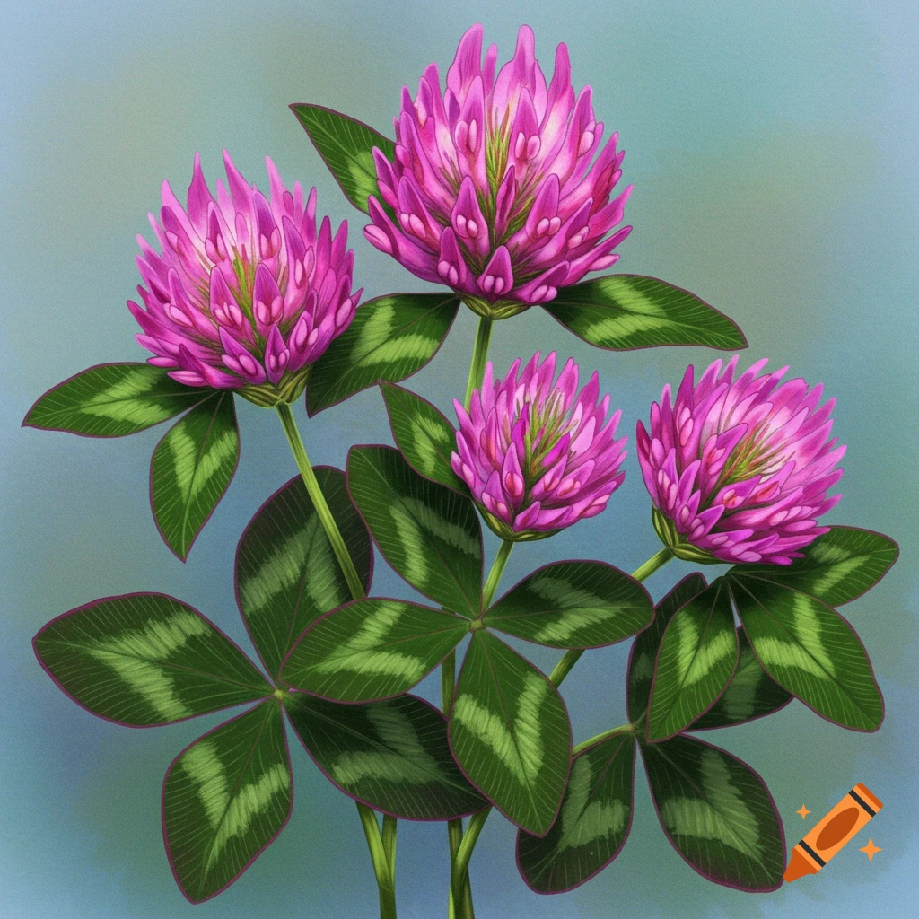 Four pink clover flowers with their leaves.