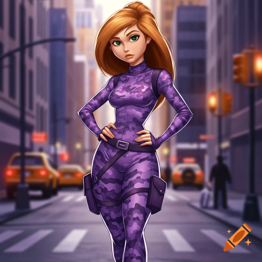 Stylized animated character in a purple camo suit stands in a city street.
