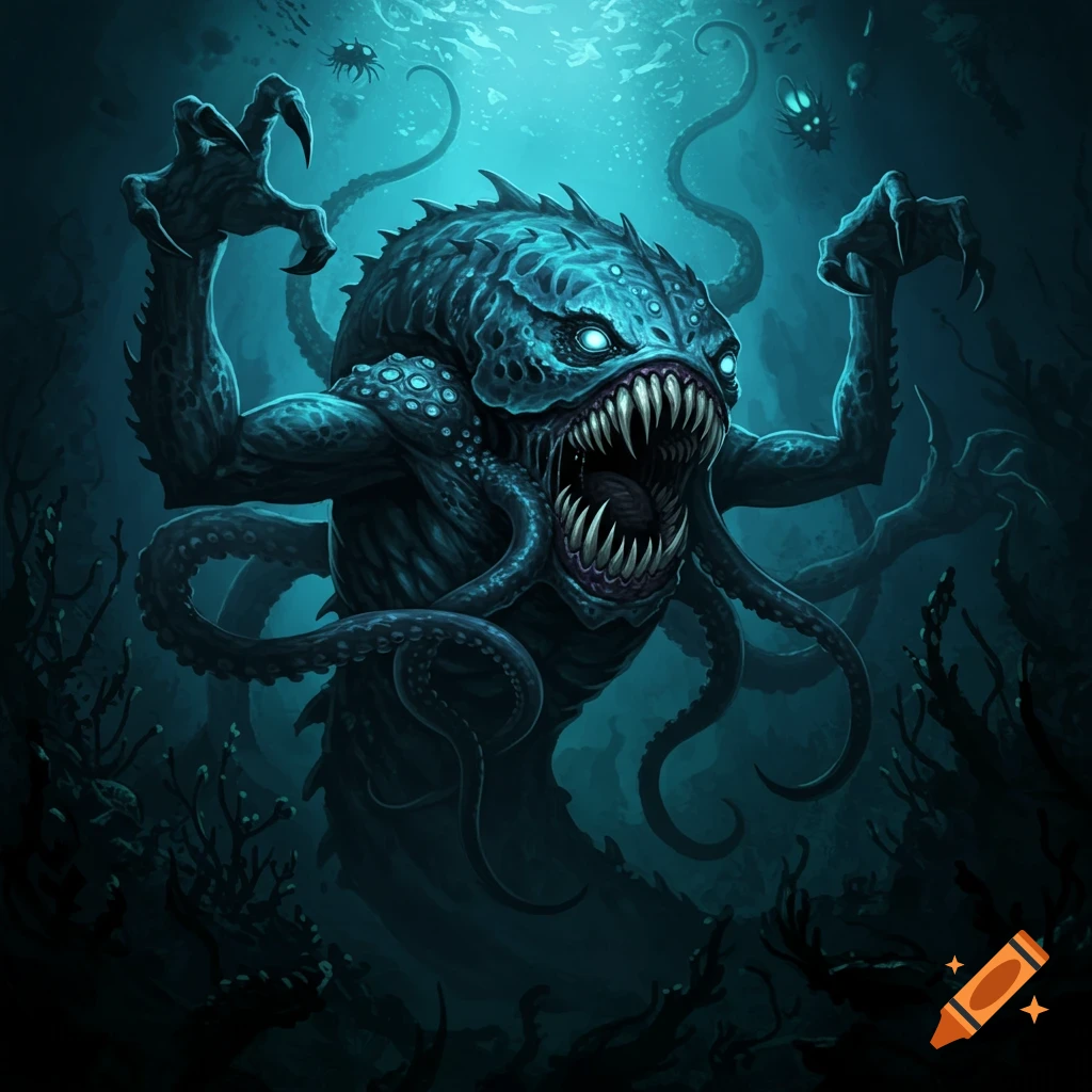 A dark blue eldritch monster with glowing eyes, sharp teeth, tentacles, and claws underwater.