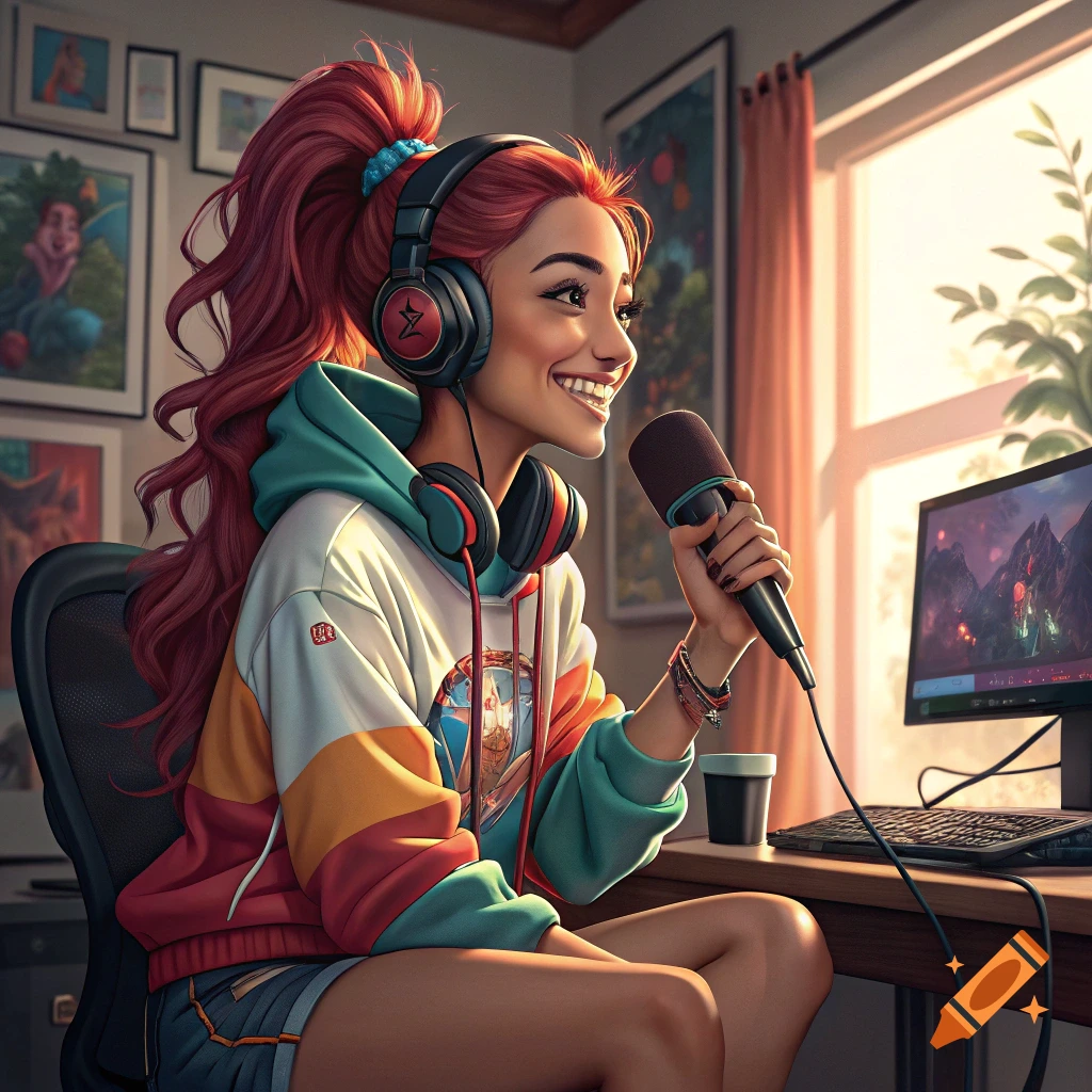 Stylized image of a woman with red hair streaming or podcasting at a desk