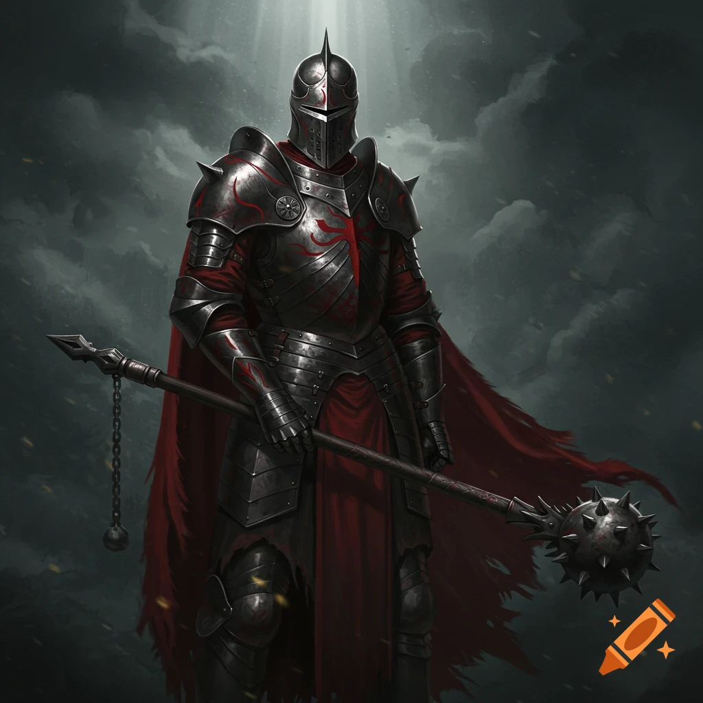 A knight in black gothic armor with red trim, holding a mace, against a cloudy background with light rays.