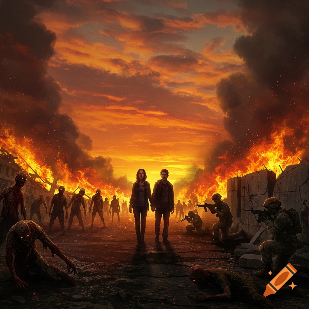 A couple stands in a ruined city street surrounded by zombies and soldiers under a fiery orange sky.