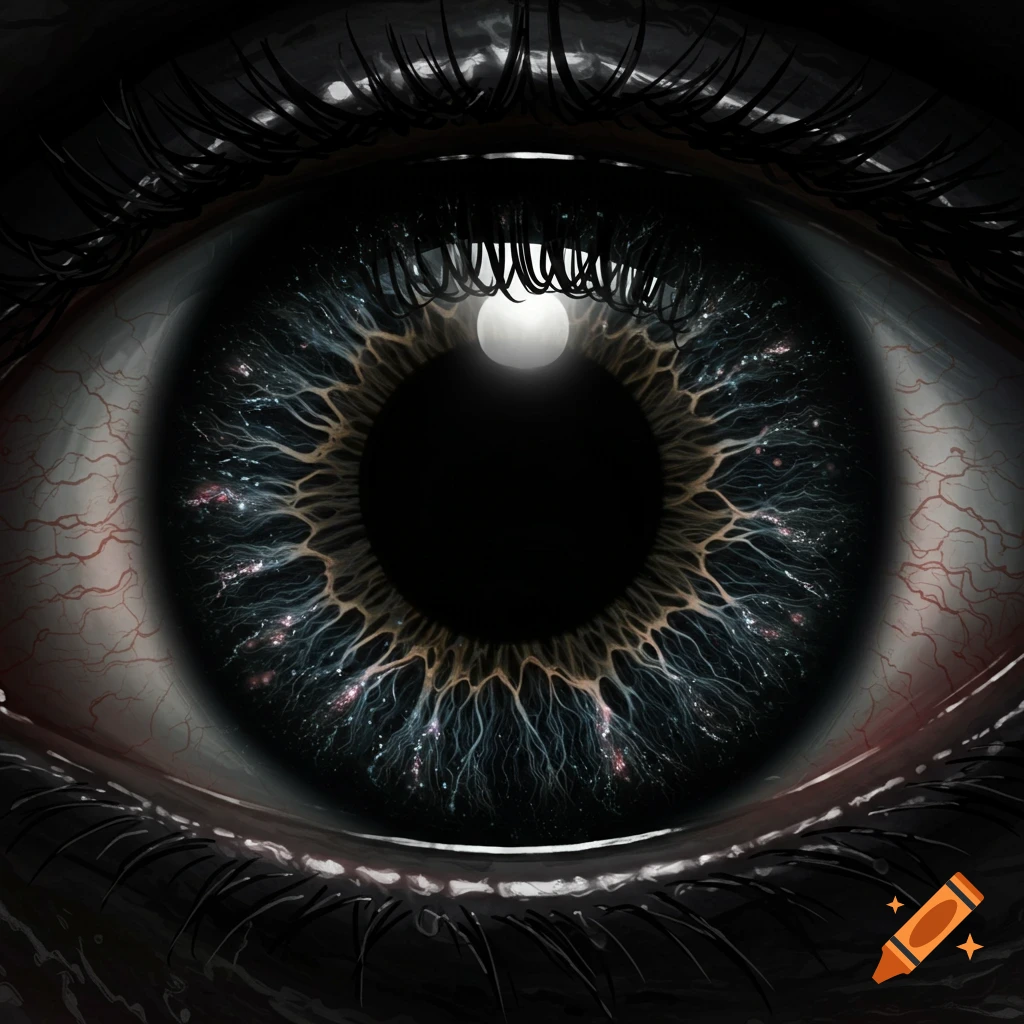 Close-up of a detailed dark eye with a complex, sparkling iris and visible blood vessels in the sclera.