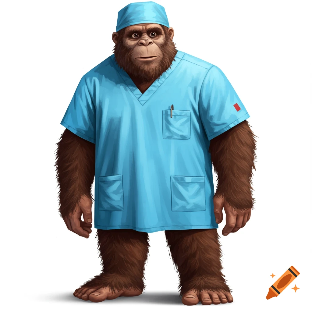 Bigfoot wearing blue surgical scrubs and cap.