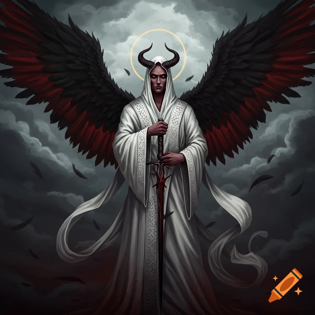 A horned figure in a white hooded robe holding a sword, with large dark and red wings against a cloudy sky.