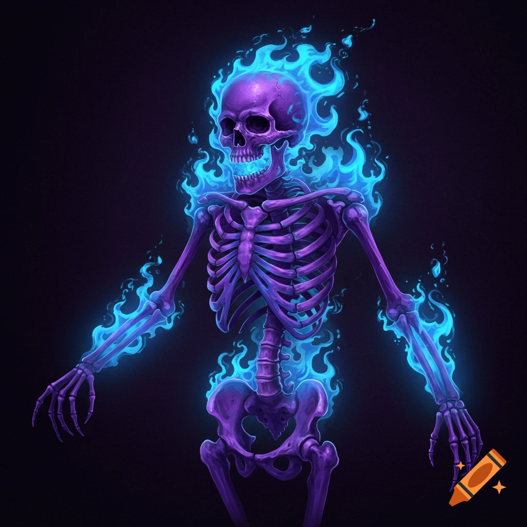 A purple skeleton figure engulfed in vibrant blue flames against a dark background.
