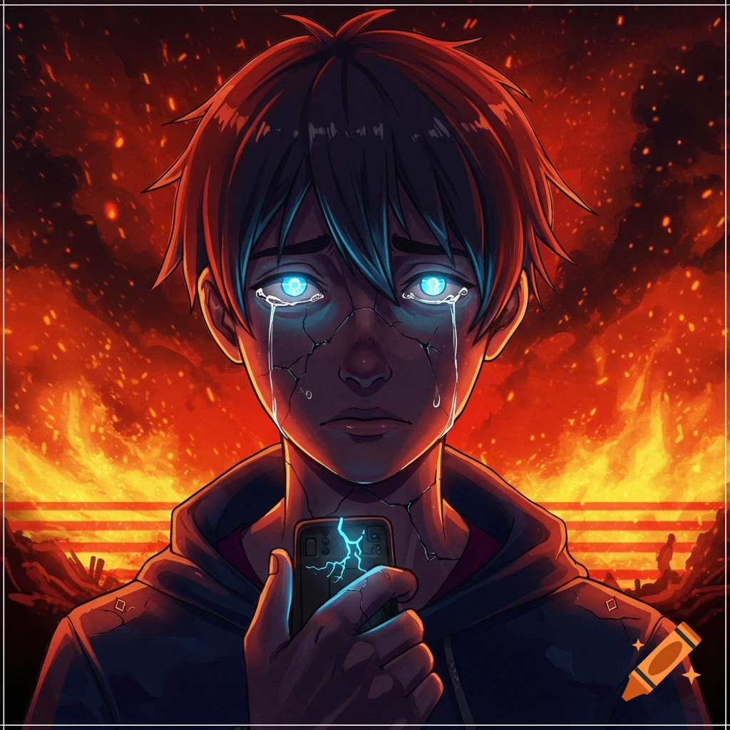 Anime portrait of a sad person with glowing blue eyes and cracked skin, holding a phone, against a burning background.