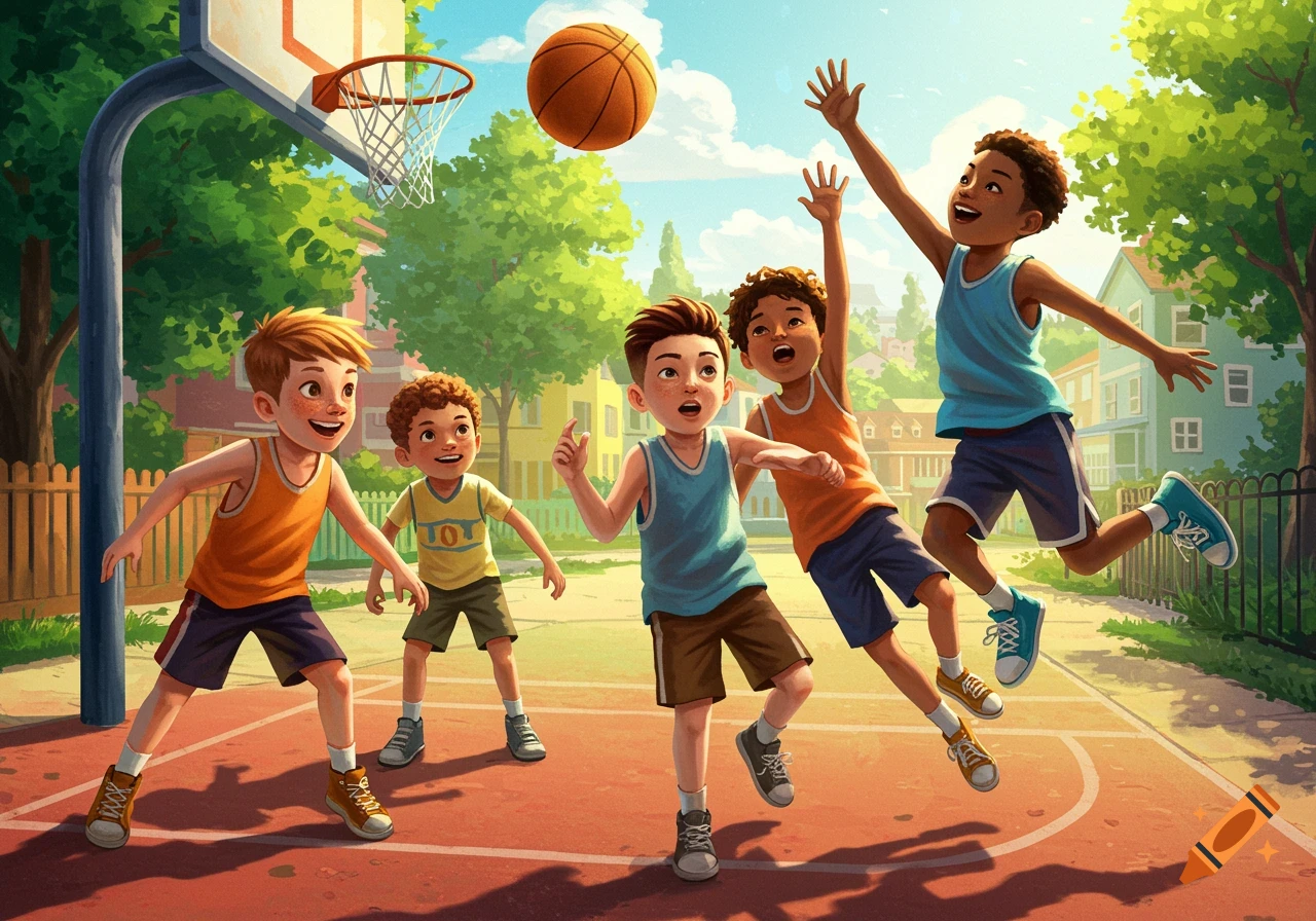 A group of boys are playing basketball on an outdoor court.