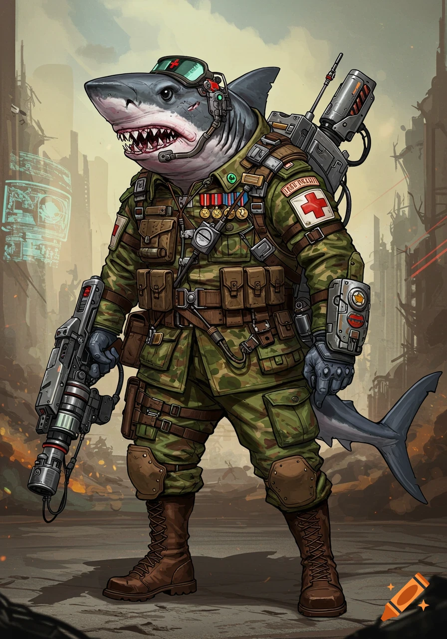 Image of a shark soldier medic in camouflage uniform with a weapon, in a post-apocalyptic city.