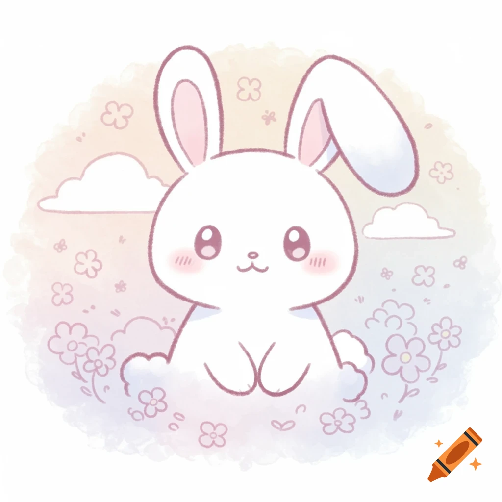 A cute white cartoon bunny with large eyes and rosy cheeks sits among pastel flowers and clouds in the style of Sanrio.