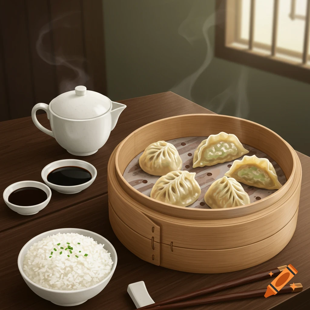Steamed dumplings in a bamboo basket with rice, soy sauce, and a teapot on a wooden table.