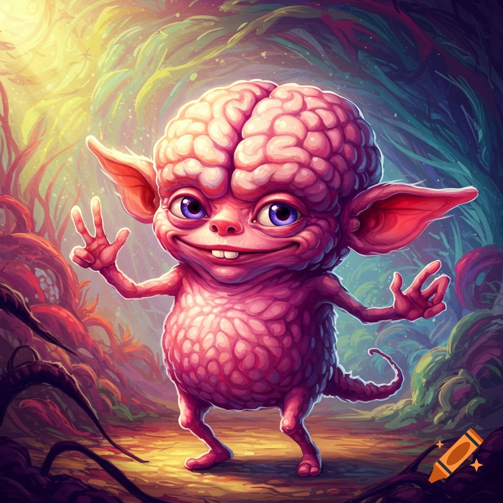 A pink creature with a brain for a head, large ears, and big eyes smiles and holds up a peace sign in a fantasy forest.