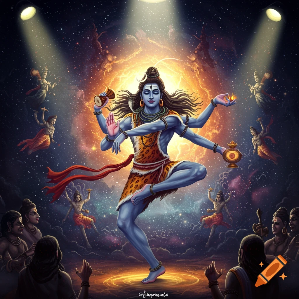 The Hindu deity Shiva is shown dancing with many arms in a cosmic setting, surrounded by figures.