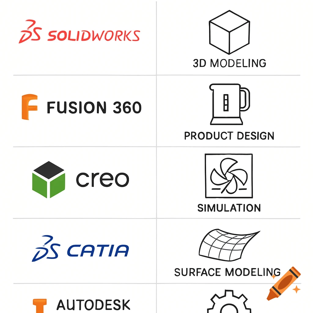 Grid of CAD software logos and icons for use cases like 3D modeling, product design, and simulation.