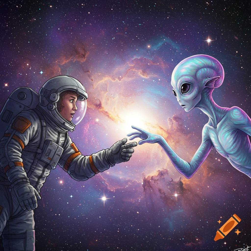 An astronaut and alien reach out to touch fingers in space.