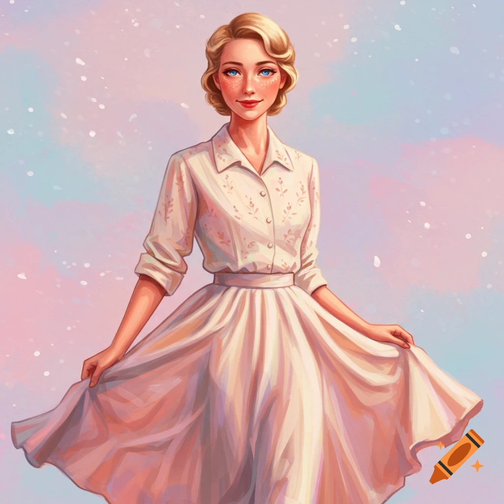 A woman in a cream dress is holding the hem of her dress. The background is a pink and blue sky.