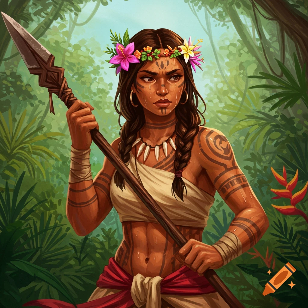 A tribal warrior woman with tattoos and a flower crown holds a spear in a jungle.