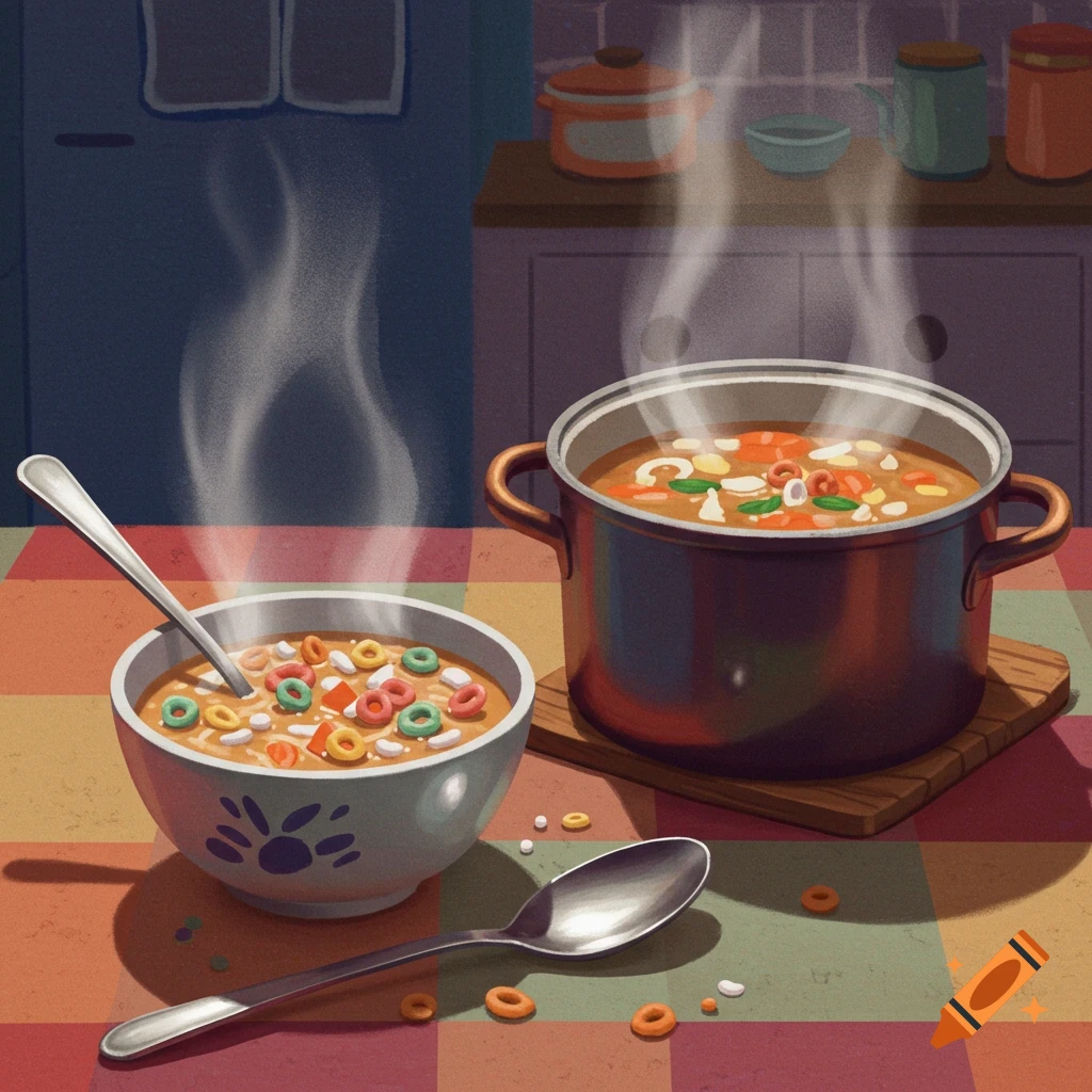 Cereal in a bowl next to a pot of soup on a kitchen table.