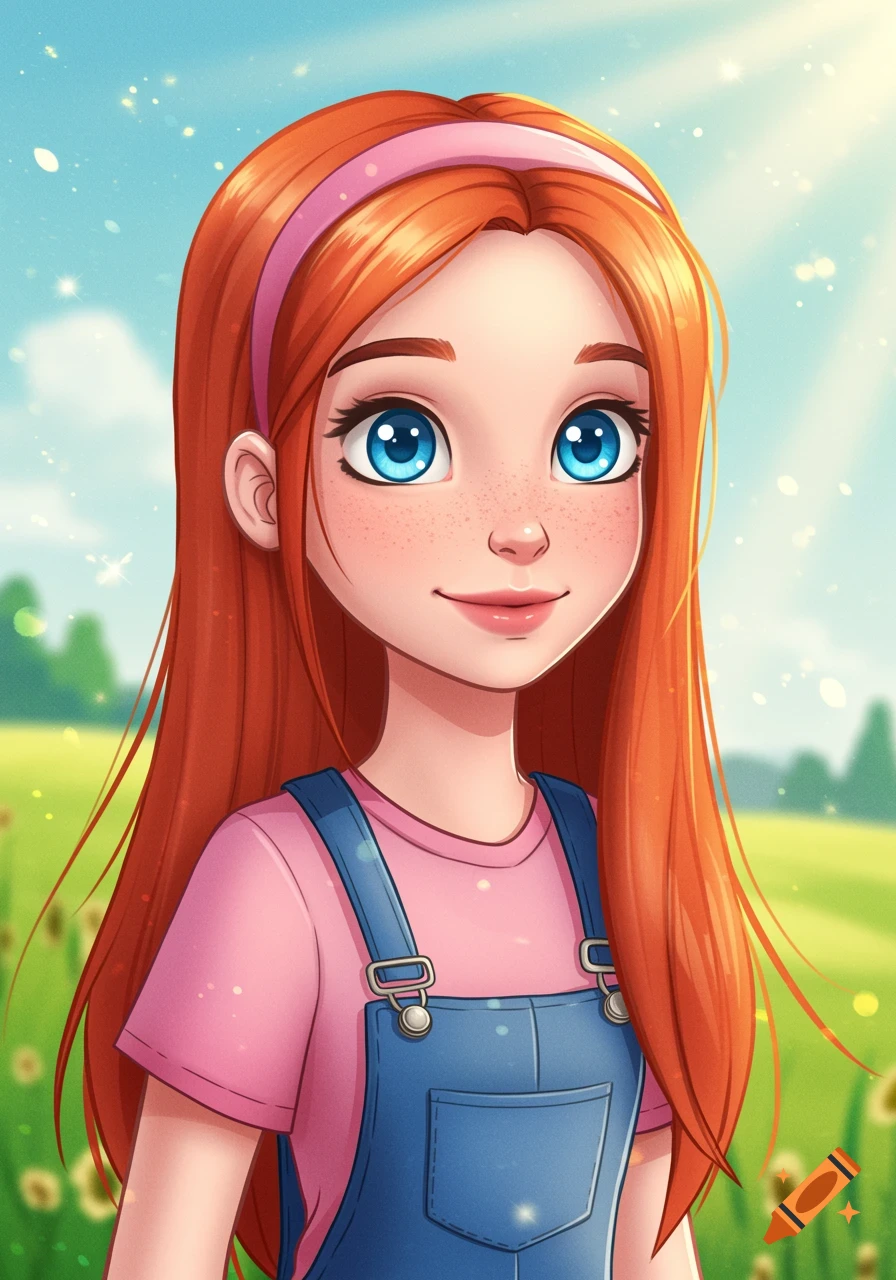 Animated portrait of a girl with red hair and blue eyes in overalls in a sunny meadow