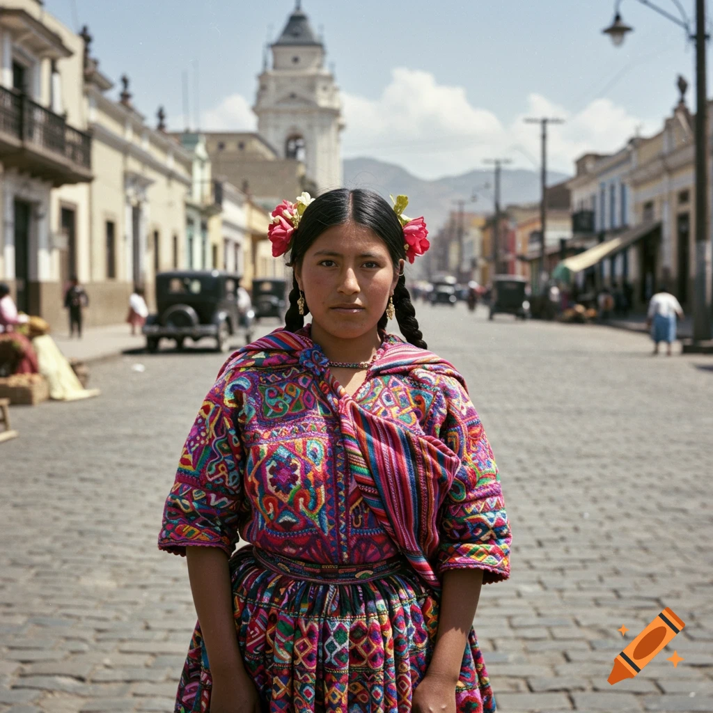 Young woman in colorful traditional clothing stands on a cobblestone street with buildings and a tower in the background.