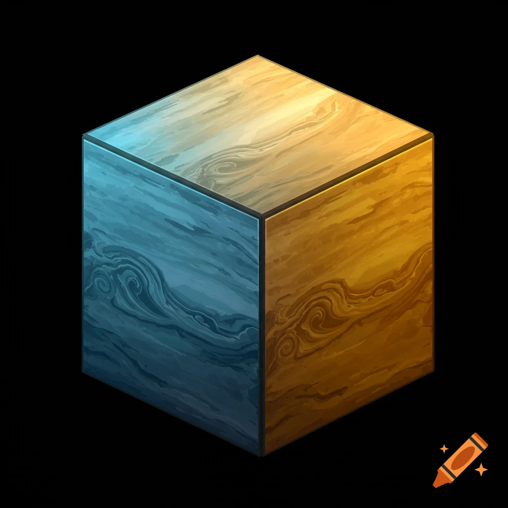 A stylized cube with swirling blue and gold textures on a black background.