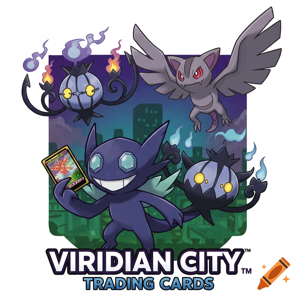 Pokemon Sableye holds a trading card with Chandelure and Gliscor against a city skyline background. Logo says 'Viridian City Trading Cards'.