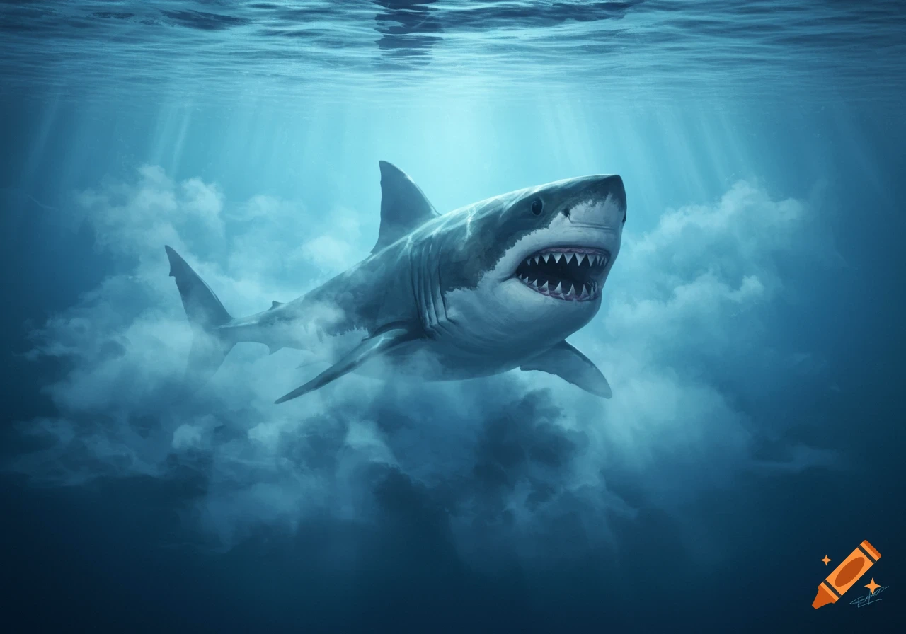 A shark swimming through misty blue water with light rays