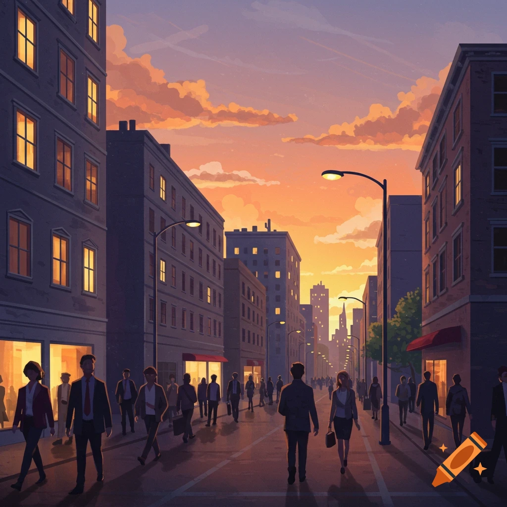 A busy city street at sunset with people walking