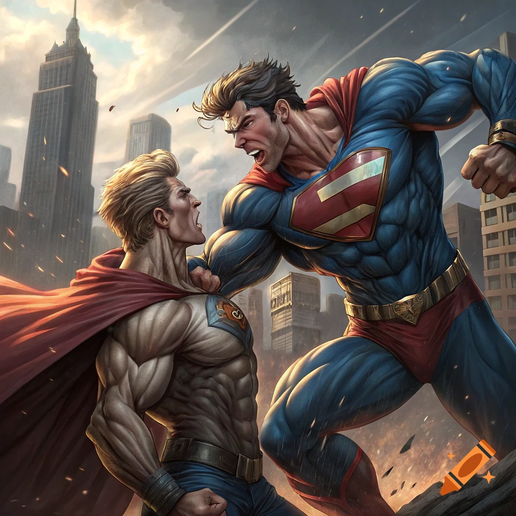 Two comic book superheroes, resembling Superman and Homelander, fight in a city, one punching the other.